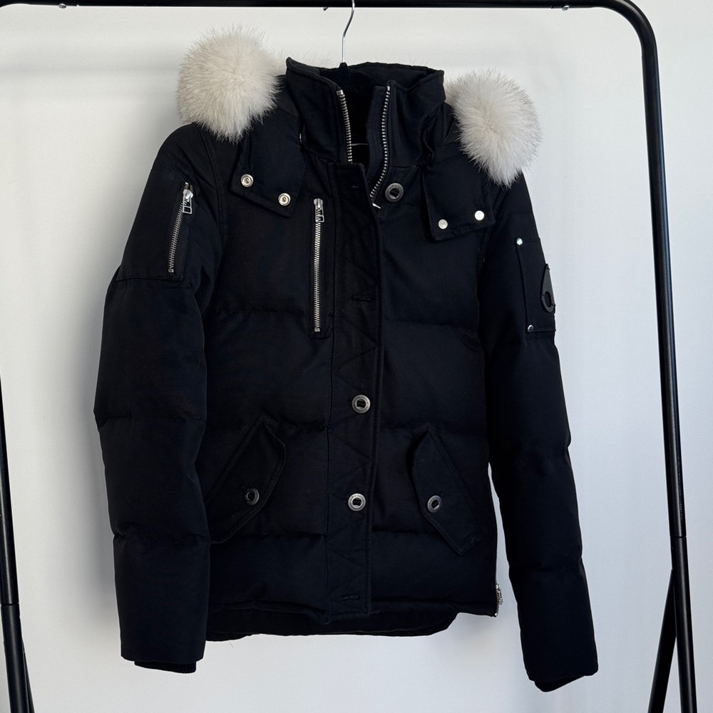 Moose Knuckles Black Down Parka with White Fur Hood Trim